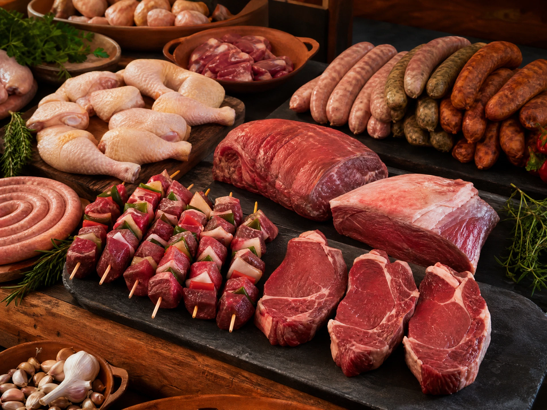 Seleção de carnes, aves, linguiças e espetinhos